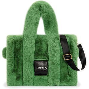 ✨Herald Women Green Tote Bag Soft Fluffy Fuzzy Furry Plush Handle Purse Handbag
